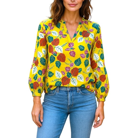 Boden Heather Top Womens 12 Yellow Cotton Floral Tropical Vacation Resortwear - Picture 1 of 9